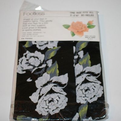 NEW VTG Women Angelina Footless Tights Black White Rose Pattern One Size 5-5 10'